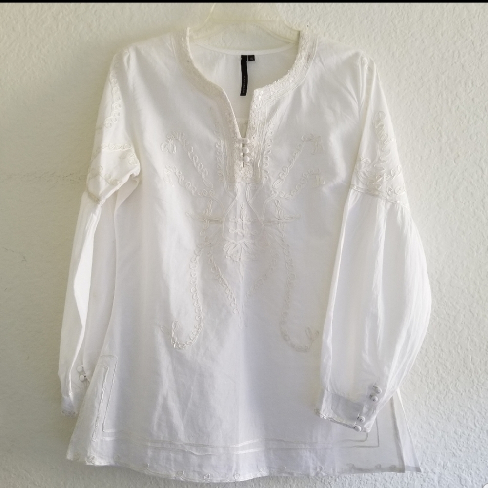 Kay Celine Embroidered Sequin Tunic Top White Size Small